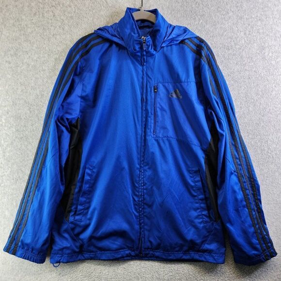 Adidas Windbreaker Jacket Mens M Blue Drive 2 Stowaway Hood Mesh Lined Track - Picture 15 of 15